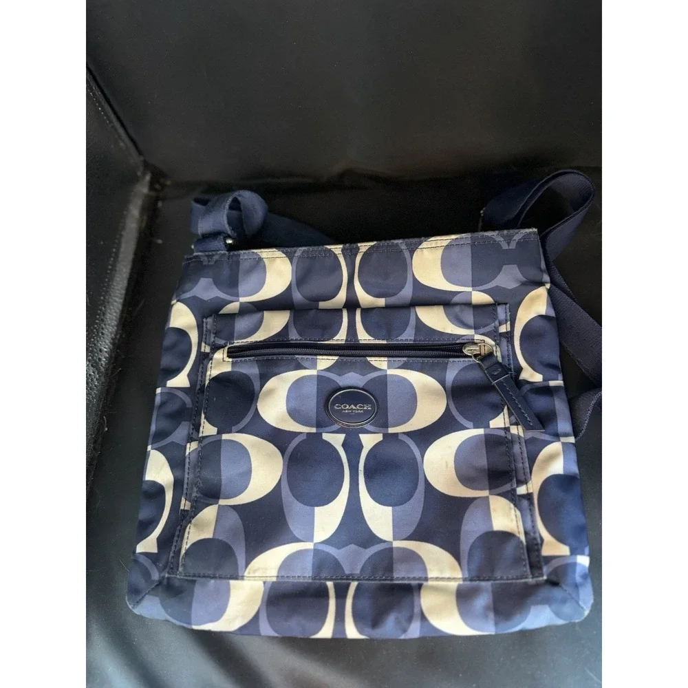 Coach Women's Blue White Logo Pattern Shoulder Bag Zip Designer